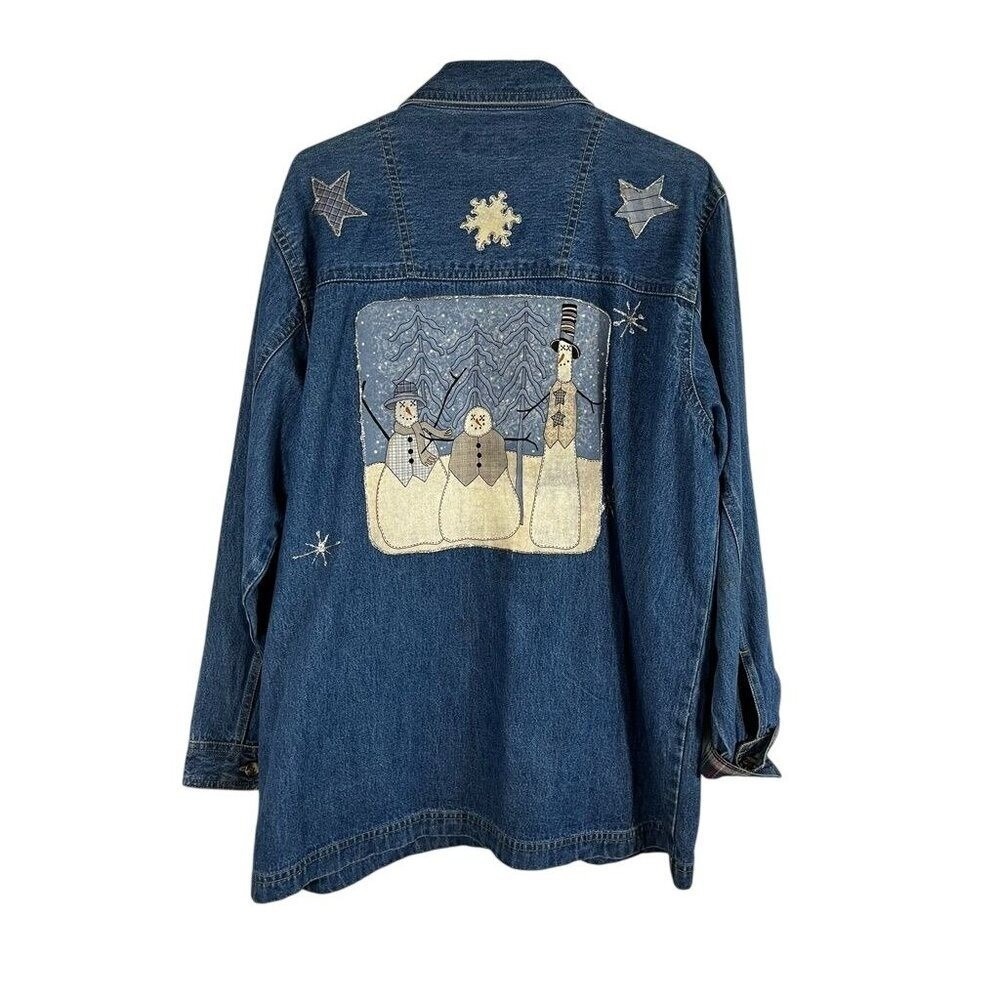 Vintage Patchwork Denim Jacket XL Blue Festive Holiday Neutral Country Farm 80s